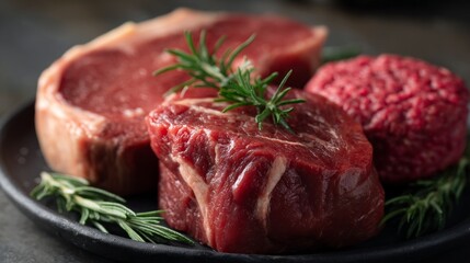 Fototapeta premium This display showcases a selection of raw beef cuts featuring a T-bone steak, tenderloin, and ground beef, beautifully arranged with fresh herbs on a dark platter, ideal for culinary preparation