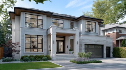 Fototapeta premium Modern luxury home showcases elegant blue and white colors, featuring a large porch and vibrant green lawn under sunny skies