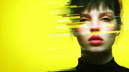 Digital glitch portrait of woman on yellow background modern technology concept - Powered by Adobe