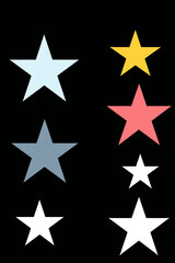 Obraz premium Colorful Stars on Black Background-Illustrative Star Collection-Whimsical Star Shapes in White, Yellow, Red, and Blue-Starry Design Elements for Graphics and Crafts