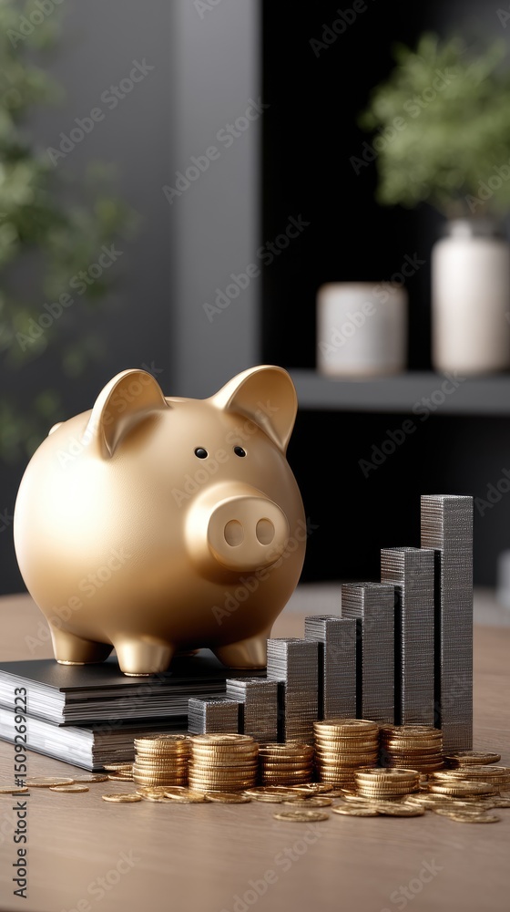Poster golden piggy bank placed on table alongside scattered coins with an illuminated stock chart displayi