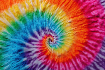Close up of a vibrant tie dye pattern with swirling colors of the rainbow in a spiral design