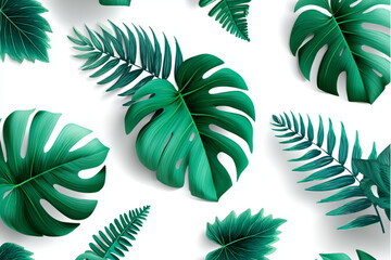 A botanical arrangement of monstera and fern leaves on a clean white background surface top down view shot