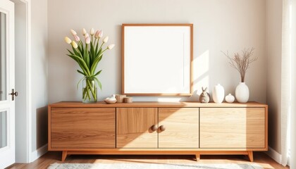 Stylish home interior displaying a blank frame with tulips, bunny, and decorative items on a wooden cabinet
