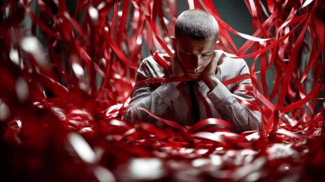 Businessman struggling with red tape