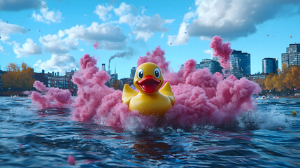 Yellow Rubber Duck in Pink Smoke Cloud Explosion on Water with City Background