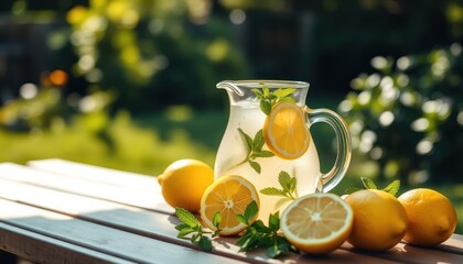 Refreshing lemonade pitcher with lemons and mint on a wooden table outdoors