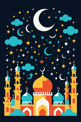 Ramadan Kareem Celebration-Mosque Under Crescent Moon and Stars-Islamic Holiday Illustration-Colorful Festive Design-Eid Mubarak Greetings