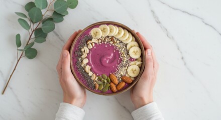 Naklejka premium Elegant Purple Smoothie Bowl with Fresh Berries and Chia Seeds on Marble Background - Healthy Breakfast Flat Lay