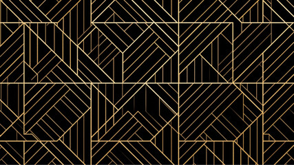 Geometric pattern with gold lines on a black background forming abstract shapes and diagonal lines