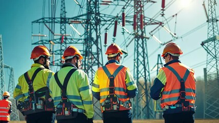 Team of engineers in safety gear inspecting electrical power lines at industrial facility. concept of engineering, infrastructure maintenance, safety compliance, electrical grid, power station