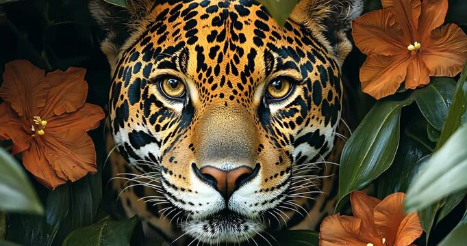 Close-up of a jaguar's face amidst orange flowers and green leaves in a tropical rainforest.