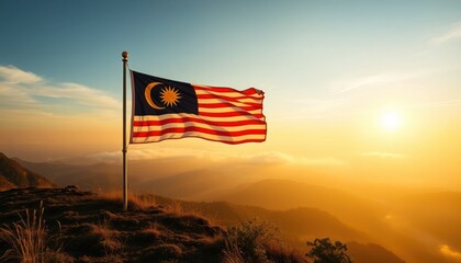 Majestic Malaysia: National Flag Waving Proudly Against Golden Sunrise, Serene Landscape