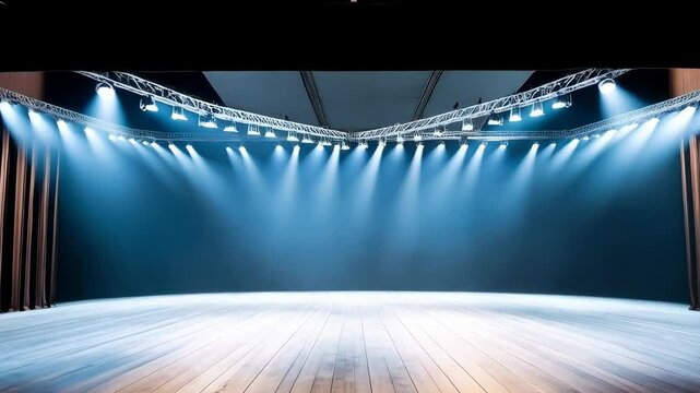 Empty theater stage with wooden floor and smoke effect under bright spotlights, black backdrop and overhead rigging in a dark room.