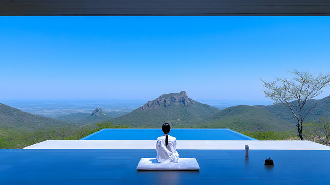 Woman Meditating by Infinity Pool with Mountain View