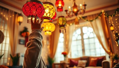 Child's Reach for festive lanterns in a warmly decorated interior setting