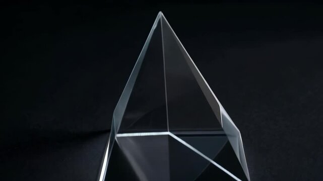 Crystal clear pyramid slowly rotating on black background, creating beautiful light refractions and reflections in studio environment