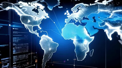 Futuristic World Map Hologram Displayed on a Dark Interface with Lines and Code for Data Visualization and Global Technology - Powered by Adobe