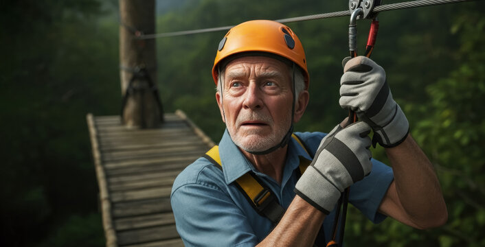 Senior man in safety gear, preparing for ziplining adventure, gripping harness tightly while standing on wooden platform surrounded by lush greenery, showcasing thrill of outdoor activities - Powered by Adobe