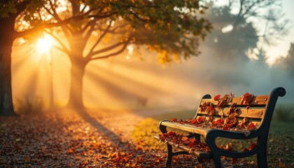 Bench with Autumn Leaves Bathed in Golden Sunlight in a Tranquil Park