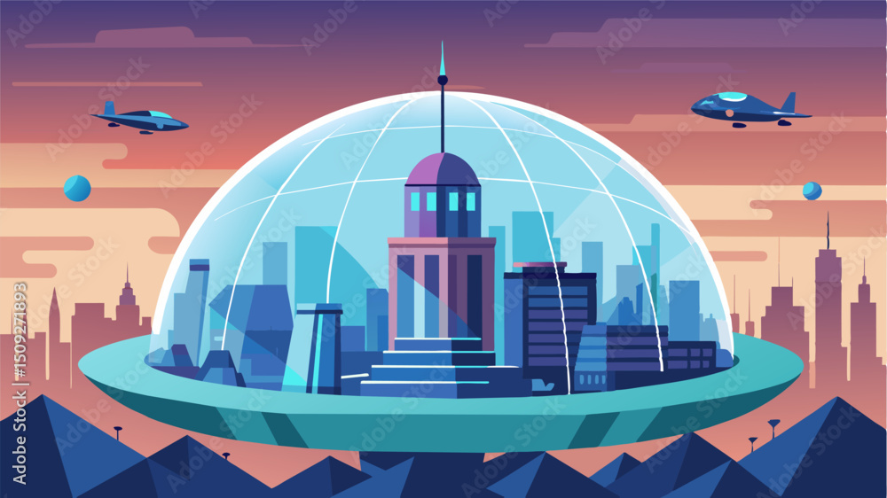 Aufkleber a massive dome enclosing a futuristic city with air taxis flying in and out at different levels crea