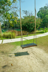 Empty swing on a tree in a park,wooden swing in a green park closeup view,Landscape view of green grass,backyard panoramic view on a beautiful sunny day..