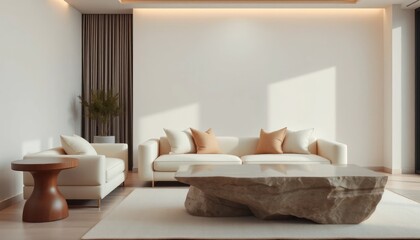 Serene living room featuring minimalist decor and a striking stone coffee table creating a contemporary ambience