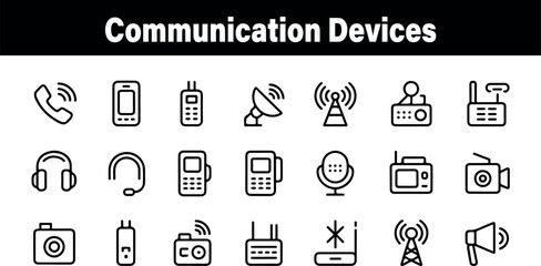 Collection of modern communication device icons set simple line style vector illustration phone radio media audio video