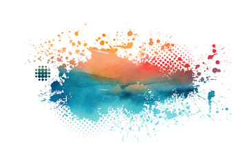 Bright colorful watercolor stain splash splatter brush stroke on white background. Modern vibrant aquarelle spot. Decorative trendy isolated design on white. hand drawn. Not AI. Vector illustration.