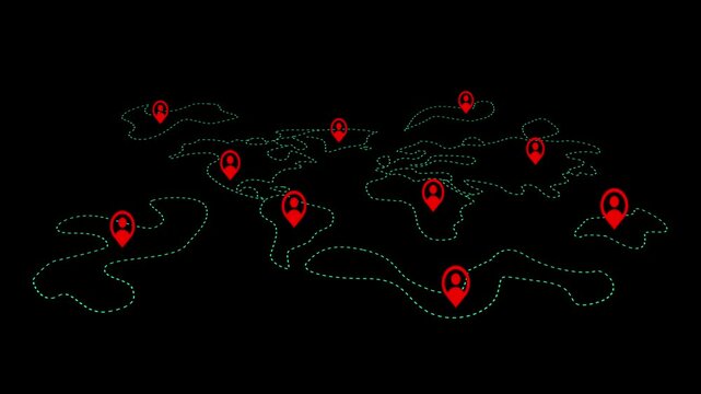 Dotted world map with location pin, abstract global map, animation, 4K video, digital background, tech style
