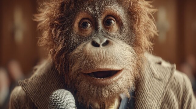 Realistic orangutan in suit passionately addressing audience at White House podium