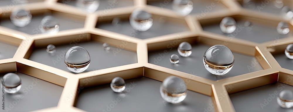 Poster sunlight illuminates a close-up golden honeycomb pattern, highlighting sparkling droplets on an abst
