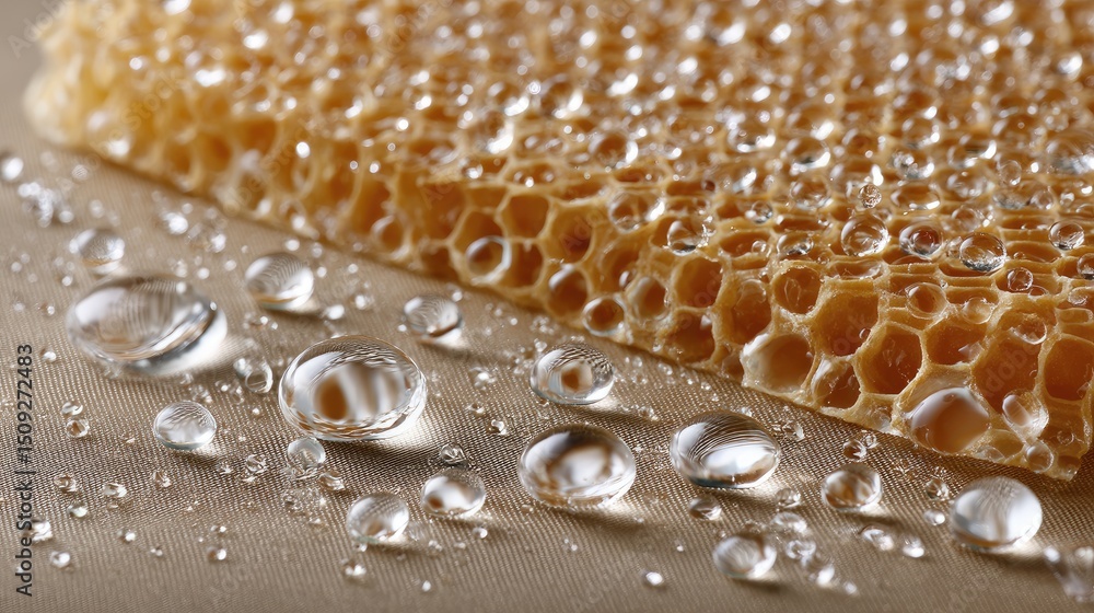 Poster sunlight illuminates a close-up golden honeycomb pattern, highlighting sparkling droplets on an abst