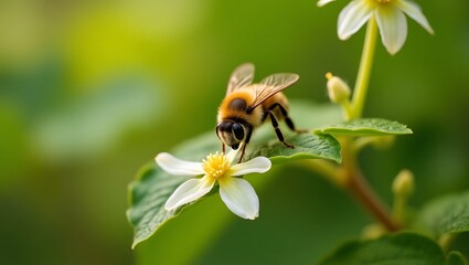Honeybee on white flower blossom gathering nectar in a vibrant garden