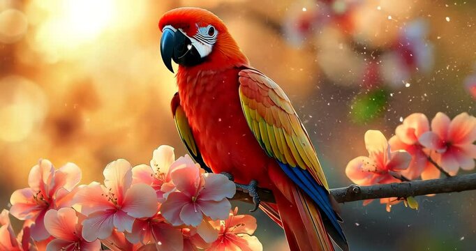 A vibrant parrot sits on a flowering branch, bathed in golden sunlight.