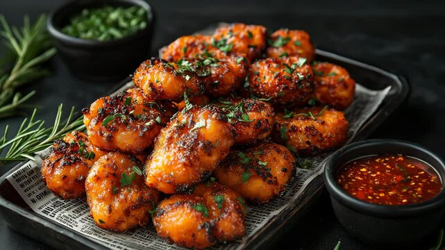 A tray of perfect, golden-brown deep-fried onion rings on top of newspaper with peri peri spice mix and peri peri sauce dressing in small bowls beside them.