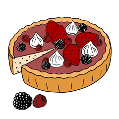 Delicious fruit tart pie dessert pastry with berries and whipped cream. Sweet treat goods bakery culinary. Super tasty creamy tart pie. Baked snack outline art