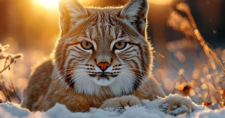 Close-up of a lynx lying in the snow at sunset in winter. - Powered by Adobe