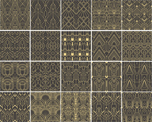 A collection of seamless Art Deco patterns with geometric and stylized designs in golden lines on a dark background, perfect for vintage and elegant projects
