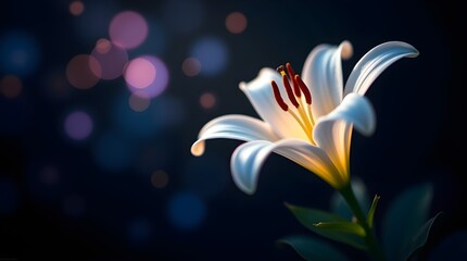 Close-up of a White Lily Flower at Night with Bokeh Lights