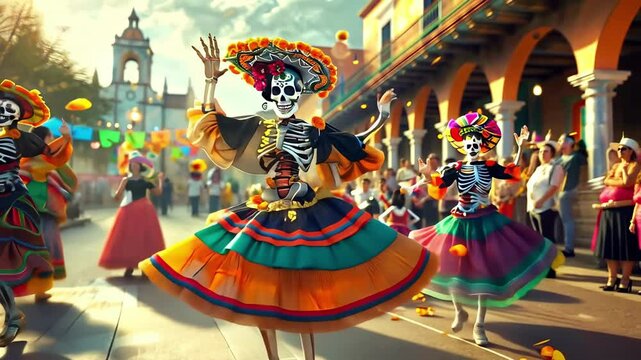 Colorful day of the dead celebration with dancing skeletons in vibrant traditional mexican costumes parading through festive street. concept of joyful festivity, dia de los muertos. Animation