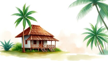 Tropical Island Getaway: Serene Watercolor Hut Surrounded by Palm Trees