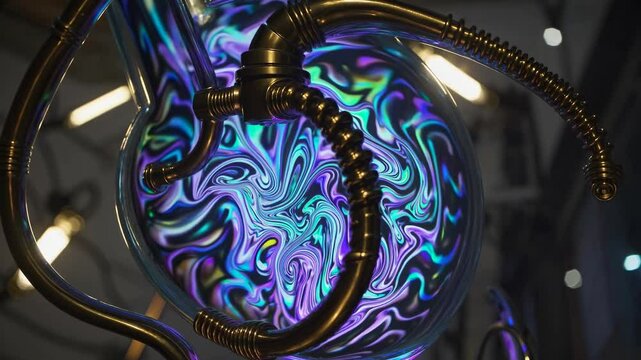 Intricate metal pipes and fittings frame a glass container holding a swirling, illuminated liquid, creating a captivating display of color and texture