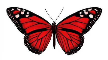 Vivid red butterfly with delicate markings.  Detailed illustration of a butterfly's wings, showcasing vibrant red color with black and white accents