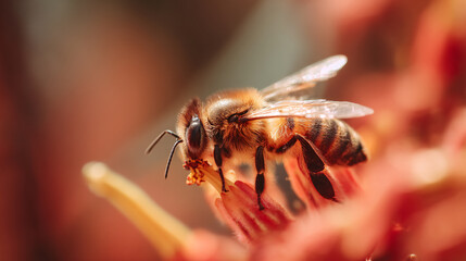 Honeybee collecting pollen from a vibrant orange flower in a garden during daytime Closeup macro shot of a bee pollinating a flower, concept of nature and pollination