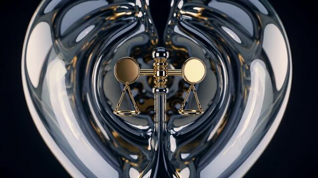 Golden balance scale representing justice and fairness, nestled within a reflective chrome heart, embodying ethical decision-making and moral balance in personal and legal contexts