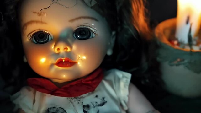 Creepy doll in dark room lit by candlelight. concept of halloween atmosphere, creepy toy, horror themes, eerie ambiance, scary haunted house, Possessed doll