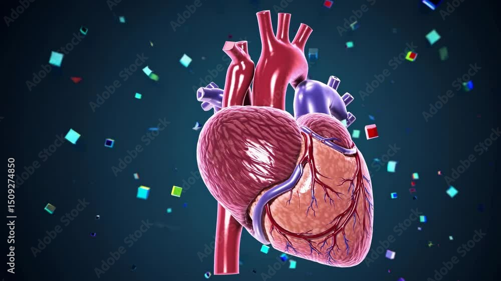 Poster realistic 3d rendering of a human heart exploding into colorful cubes, symbolizing medical research,