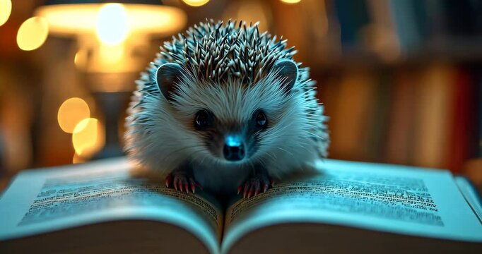 A cute hedgehog reads an open book under a warm lamp light in a cozy room.