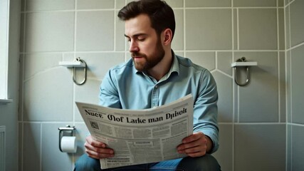 A young man reading the newspaper while sitting on the toilet in his bathroom - Powered by Adobe